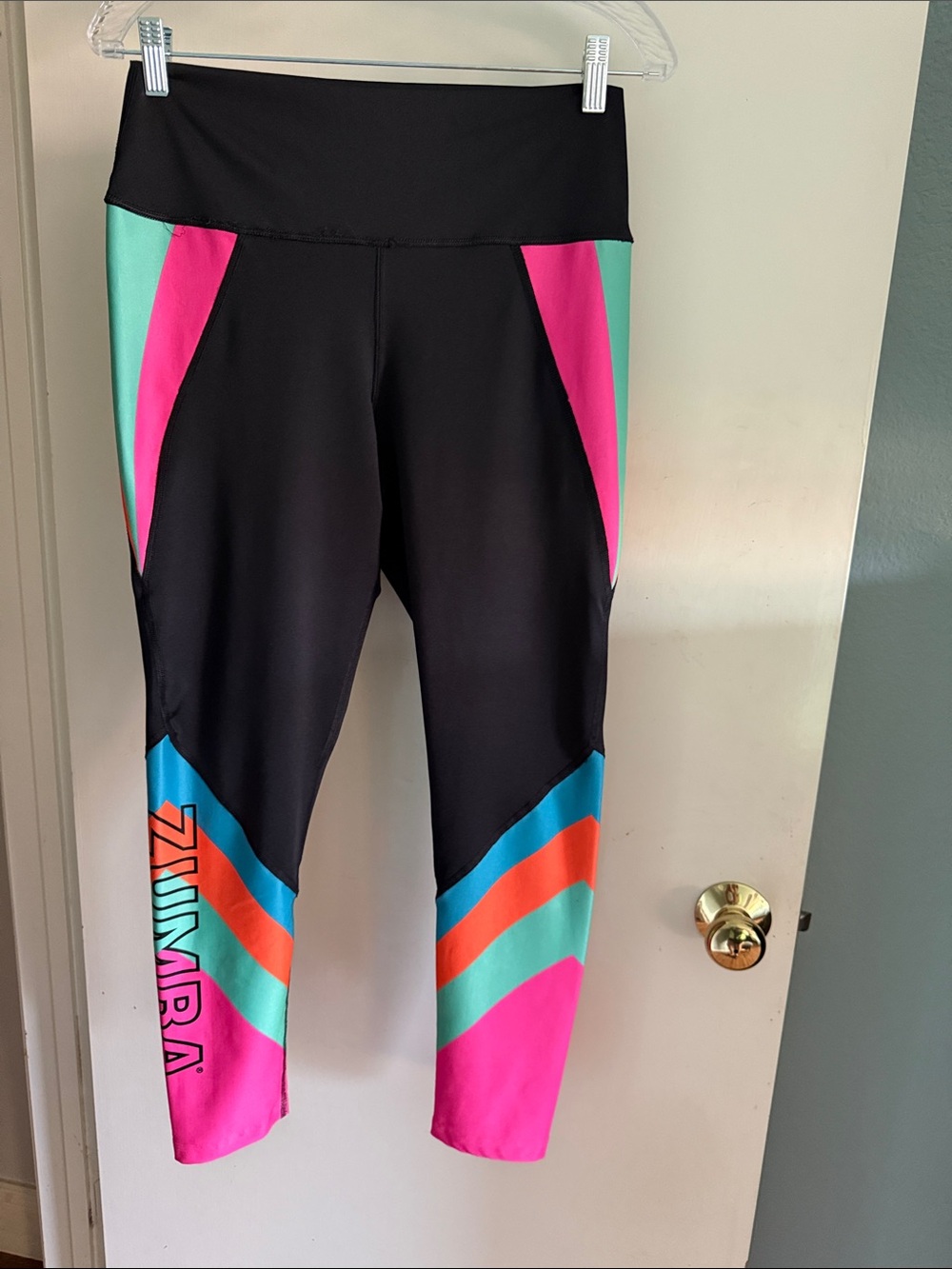Zumba Fitness Black Leggings with Pink, Teal & Orange Colorblock